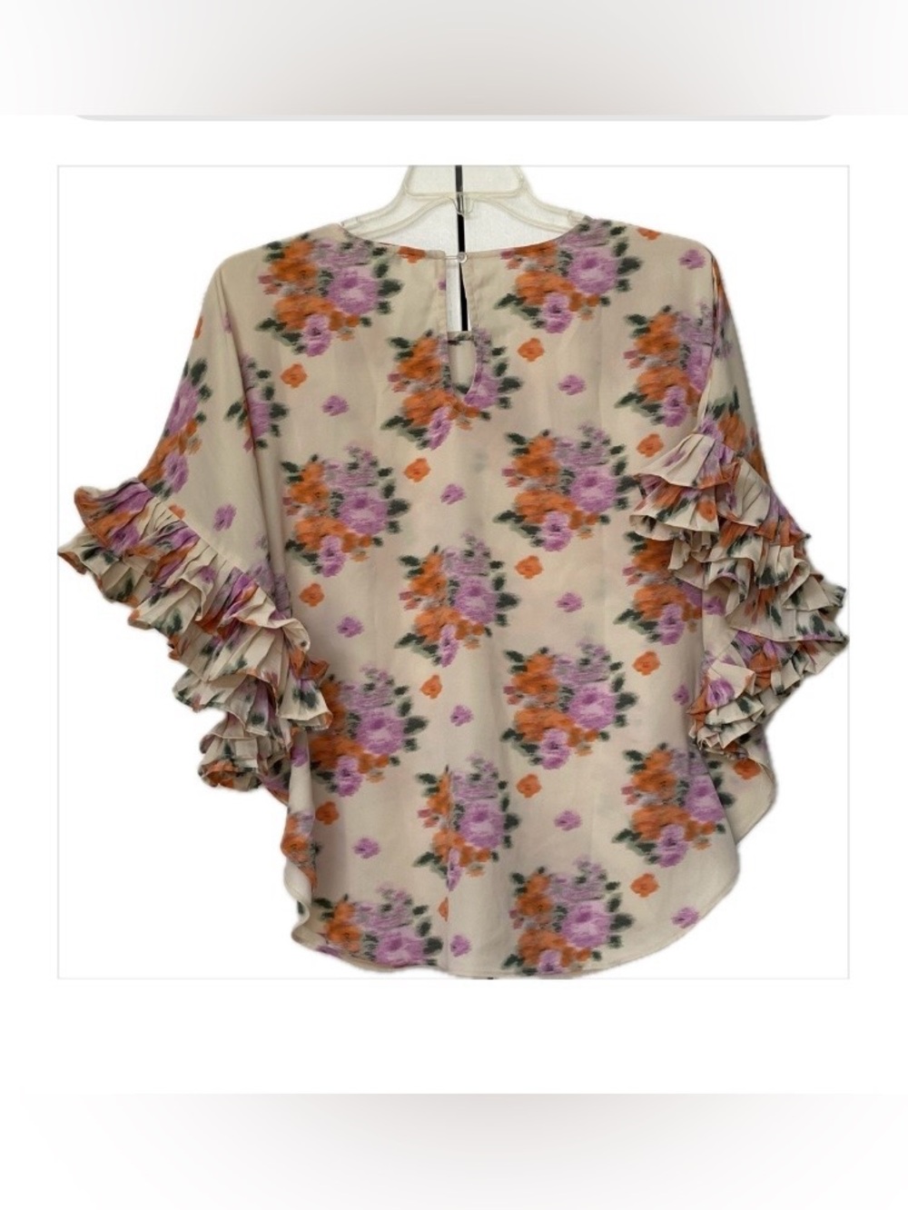 JODIFL Cream Floral Ruffle Sleeve Blouse with Purple & Orange Flowers